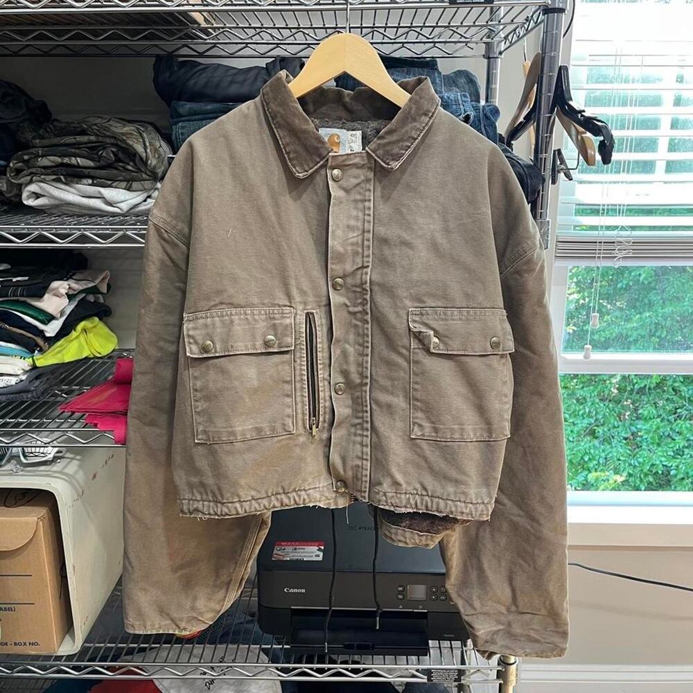 Carhartt Tan Pearl Snap Trucker Jacket USA Sz M Boxy Detroit Duck Canvas Blanket - Picture 2 of 6